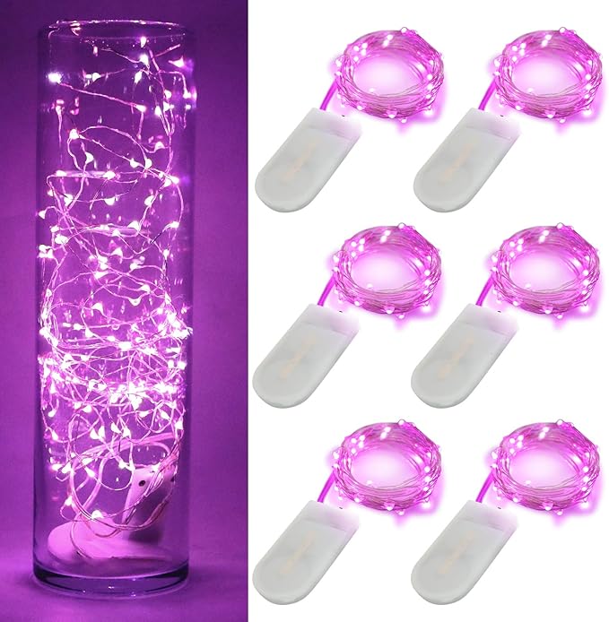 OakHaomie 6 Pack 10ft(3m) LED Starry String Lights 30 Micro LEDs on Silvery Copper Wire,2pcs CR2032 Batteries Required and Included,for DIY Wedding Christmas Centerpiece Table Decorations (Pink)