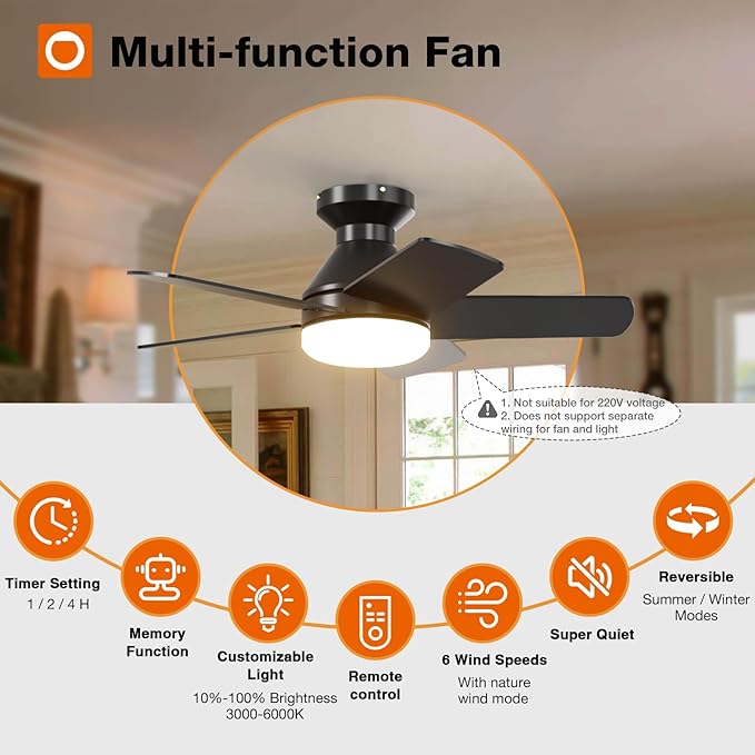 addlon Ceiling Fans with Lights, 32 inch Low Profile Ceiling Fan with Light and Remote Control, Flush Mount, Reversible, 3CCT, Dimmable, Quiet, Black Small Ceiling Fan for Bedroom Indoor/Outdoor Use