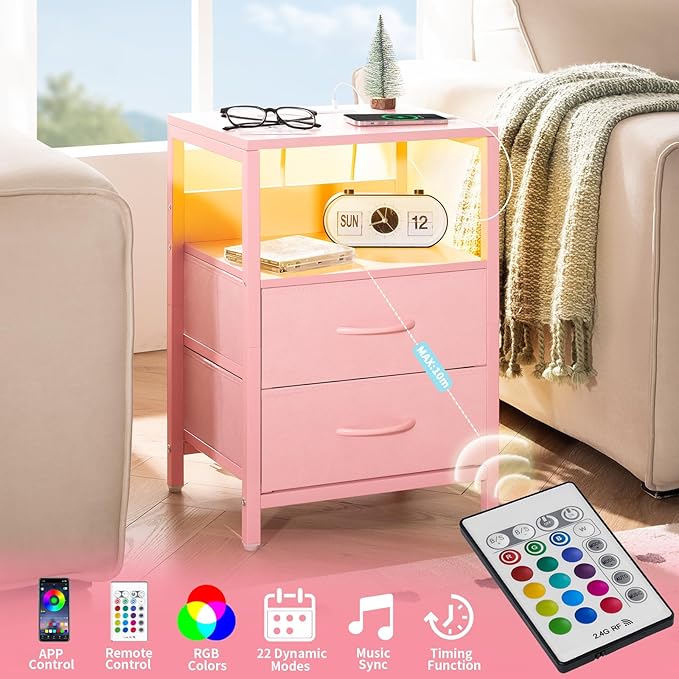 Yoobure Nightstand with Charging Station, LED Night Stand with Fabric Drawers and Storage Shelf for Bedroom, Nightstands Bedside Tables with USB Ports & Outlets, Small Night Stands, Bed Side Table