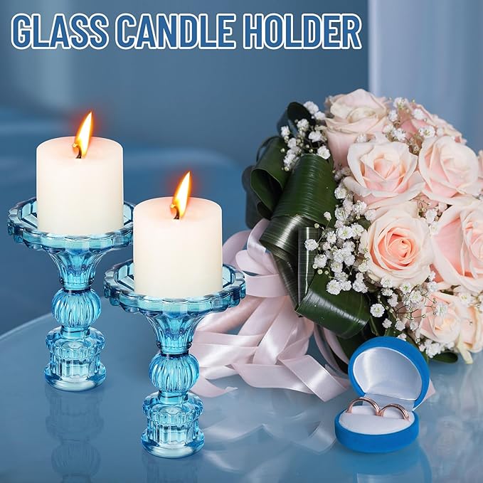 Suclain 24 Pcs Glass Taper Candle Holder Sets 12 Candlestick Holder with 12 White Long Candles for Wedding Party Decor Dinner Decoration(Blue)