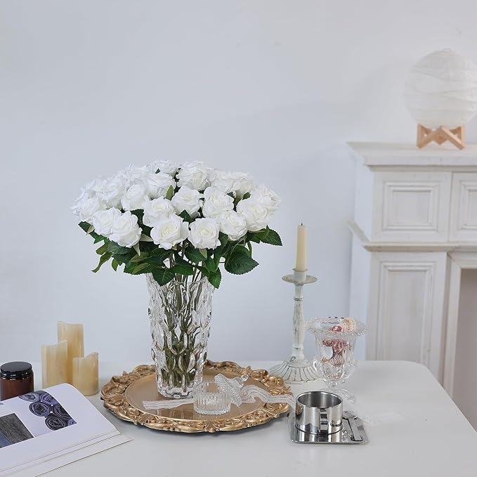 FOTEEWL 60 Pcs Artificial Rose Flower Realistic Faux Silk Roses Stem Fake Roses Bouquet for Flower Arrangement,Wedding Centerpieces,Party,Home Decorations (White)