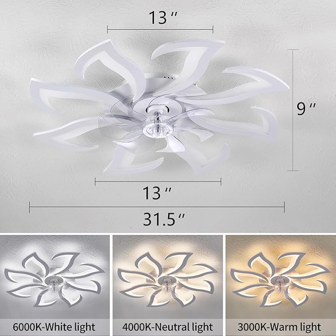 Modern Ceiling Fan with Lights Remote Control, 32" White 6 Speeds 3 Light Color Low Profile Flush Mount Ceiling Fan for Kitchen Bedroom