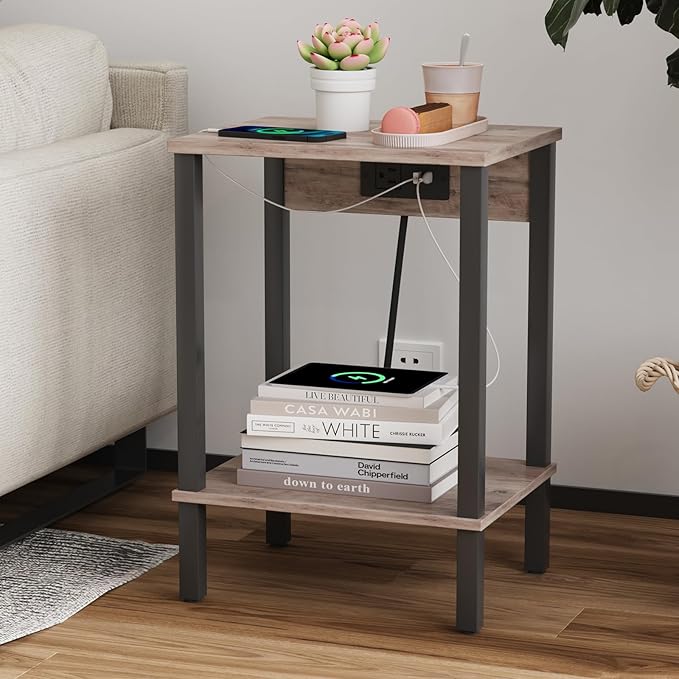 VIMBER Set of 2 End Table with Charging Station, Narrow Side Table with USB Ports and Outlets, Nightstands with 2-Tier Storage Shelves, Sofa Table for Small Space Living Room Bedroom, Greige