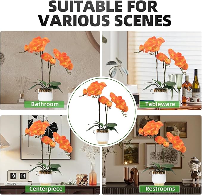 CXGS Orchids Artificial Flowers Real Touch Fake Flowers in Ceramic Pot 20" Orange Faux Orchid Plant Lifelike Silk Phalaenopsis for Centerpiece Hotel Home Indoor Decor