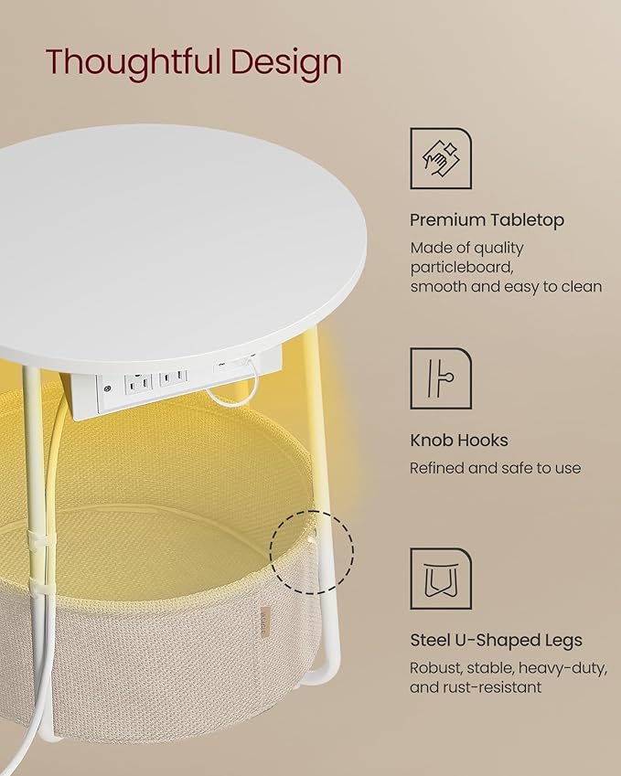 VASAGLE LILEA Collection - Side Table with Charging Station, Round End Table with Fabric Basket, LED Nightstand with USB Ports, Modern, for Living Room, Matte White and Camel Brown ULET227W01