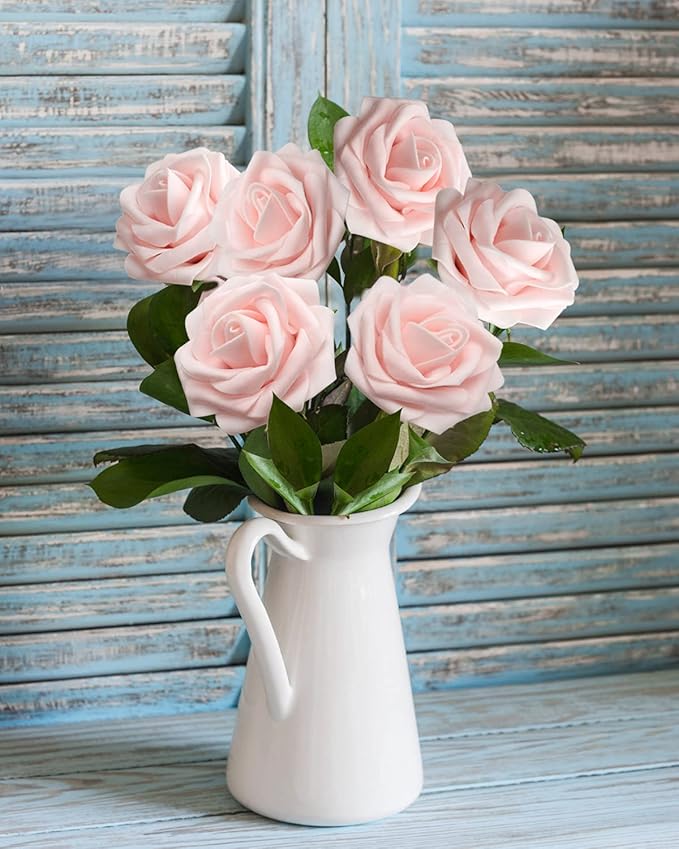 JOYLEX Artificial Flowers Realistic Roses, 100pcs Real Looking Fake Roses with Stem for DIY Wedding Bouquets Centerpieces Bridal Shower Party Home Romantic Decorations (Light Pink)