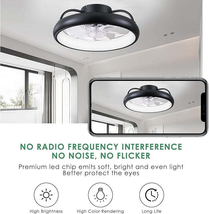 Ceiling Fans,Flush Mount Ceiling Fans with Lights and Remote Control, Low Profile Ceiling Fan with Light and Remote, Modern Ceiling Fan, Reversible, Dimmable, Noiseless(Black)