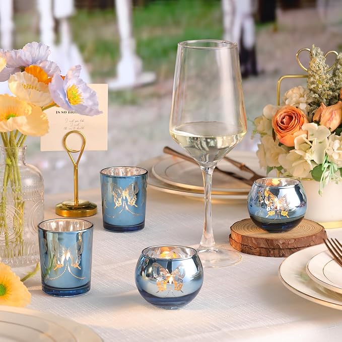 Blue 12 PCS Combination Tea Lights Candle Holder Decorative with Butterfly Pattern, Votive Candle Holders for Wedding, Birthday, Anniversary, Parties, and Holiday Decorations