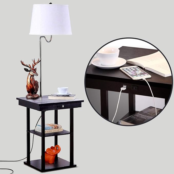 Brightech Madison Side Table with Lamp Combo with LED Bulb, Desk Lamp with USB Port, Bedside Reading Lamp, Modern End Table with Floor Lamp for Bedroom, Living Room, Office - Black with White Shade