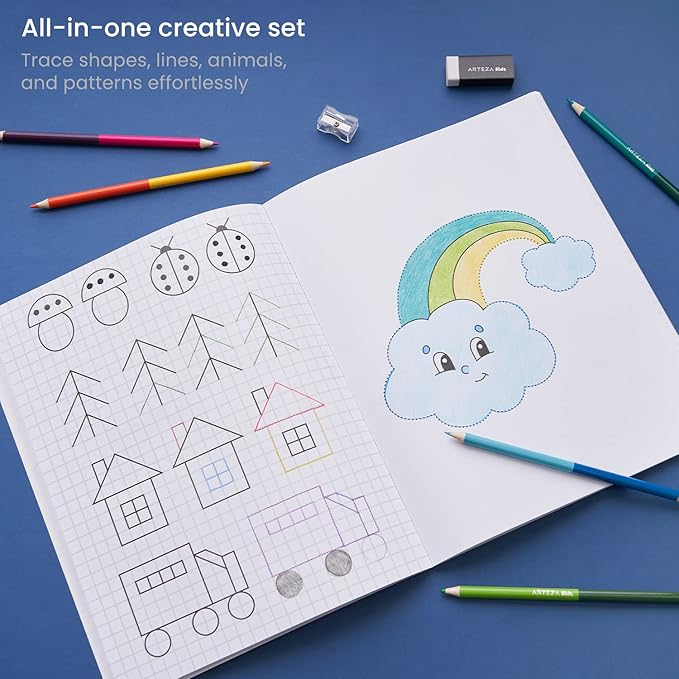 ARTEZA Kids Tracing Activity Book – 50 Double-Sided Sheets, Colored Pencils, Marker, Eraser & Sharpener – Art Kit for Ages 6 and Up