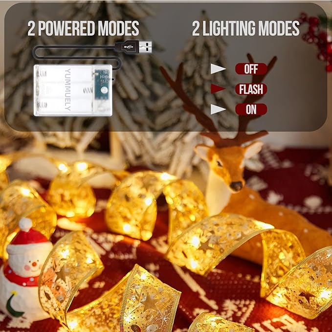 Christmas Ribbon Fairy Lights 33Ft 100 LED String Lights Battery Operated 2In Gold Foil Ribbon with Warm White Twinkle Firefly Lights Indoor Starry Holiday Decoration for Christmas Tree