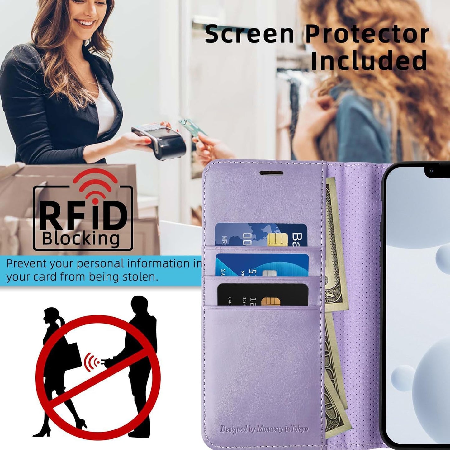 MONASAY Wallet Case for iPhone 15 Pro Max 5G, 6.7-inch, Flip Folio Leather Cover with Credit Card Holder, Lavenders