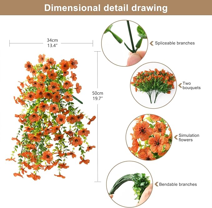 Artificial Hanging Flowers Plants for Outdoor Fall Decoration, 2PCS Faux Silk Daisy UV Resistant Look Real for Outside Home Indoor Planter Porch Window Yard Autumn Decor(Orange)
