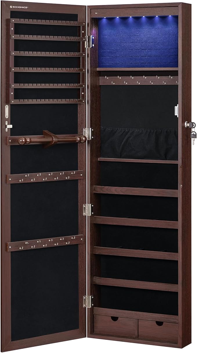 SONGMICS 6 LEDs Mirror Jewelry Cabinet, 47.2-Inch Tall Lockable Wall or Door Mounted Jewelry Armoire Organizer with Mirror, 2 Drawers, Christmas Gift, 3.9 x 14.6 x 47.2 Inches, Brown