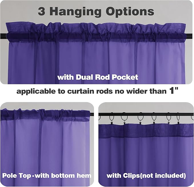 Chyhomenyc Sheer Valances for Windows 2 Packs, 42Wx14L Inches Small Window Valance for Living Room Bathroom Cafe Laundry Basement, Elegant Rod Pocket Voile Valance, Purple