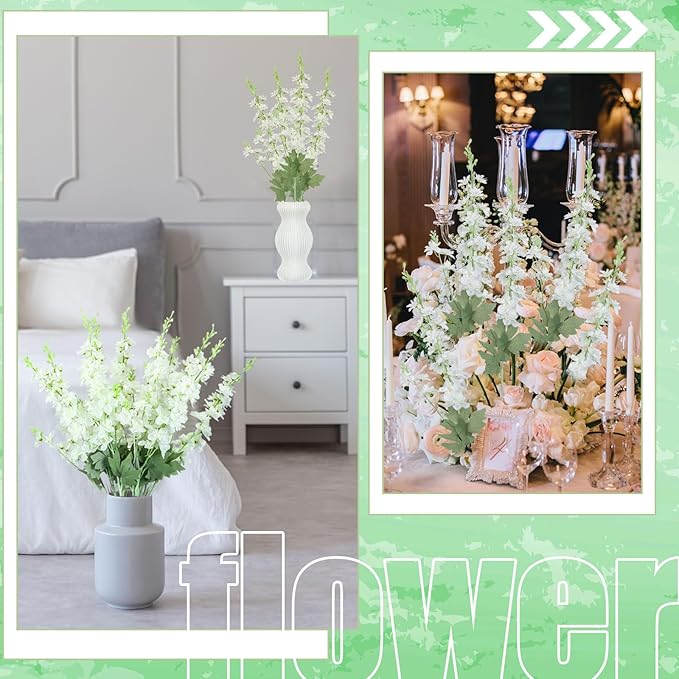 12 Pcs White Delphinium Artificial Flower 35.4'' Long Larkspur Stem White Fake Faux Silk Flowers Bulk for Tall Vase Floral Arrangements Home Centerpiece Table Wedding Decor