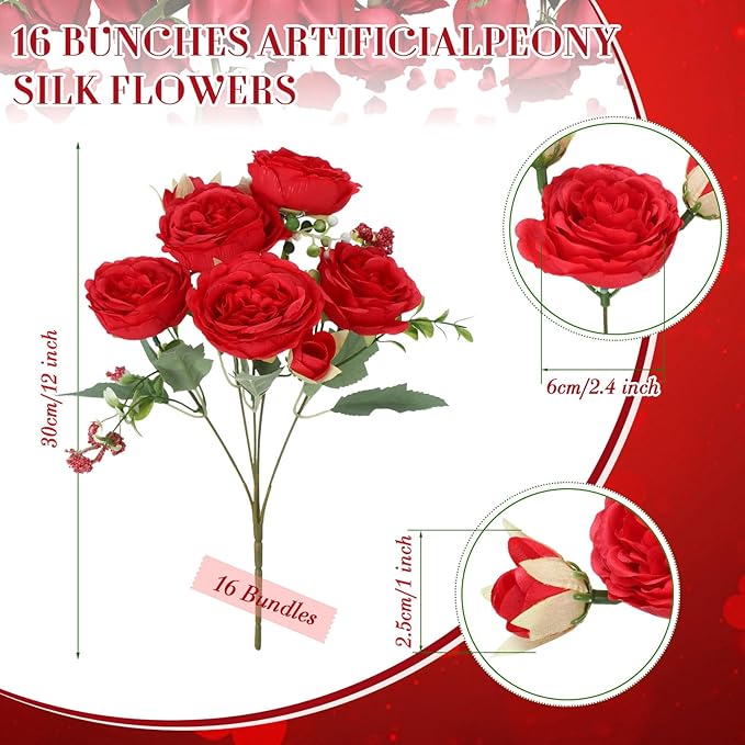 Geosar 16 Bundles Artificial Peonies Flowers Fake Silk Peony Bouquet Faux Peonies Flowers Bulk for Decoration Vase Floral Arrangements Wedding Party Table (Bright Red)