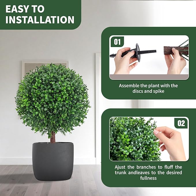 24.5" Artificial Boxwood Topiary Ball Tree with Ground Plugs [Set of 2] UV Protected Artificial Shrubs, Fake Evergreen Artificial Plants for Indoor and Outdoor Porch Garden