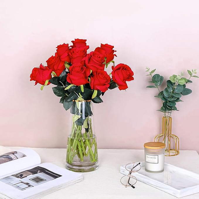 JUSTOYOU 8PCS Red Roses Artificial Flowers Realistic Long Stem Fake Roses Bouquet, Faux Silk Flowers for DIY Bouquets Wedding Centerpieces Arrangements Home Party Decor