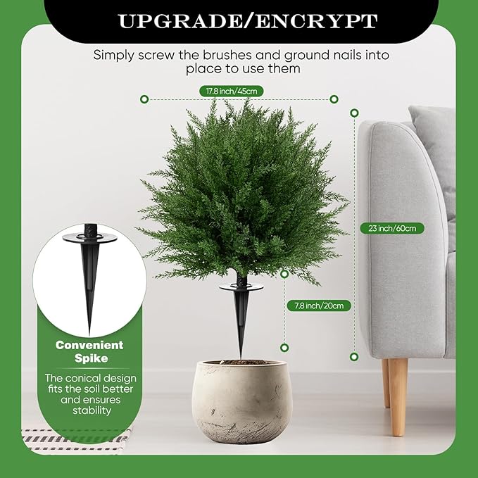 24'' Upgraded Artificial Cedar Topiary Ball Trees with Ground Spike, UV Resistant Fake Bushes, Set of 2 Faux Cypress Fake Plants Faux Shrubs for Outdoor Indoor Front Porch Garden Decor