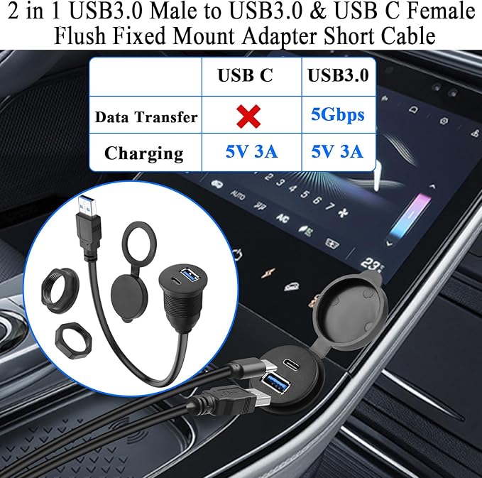 QIANRENON 2-in-1 USB3.0 to USB3.0 & USB C Threaded Fixed Adapter Short Cable 5GBps Type A Male to A + C Female Embedded Mount 1 to 2 Connector, 5V3A Charging, Mounted Car/RV Dashboard, 30cm/11.8in