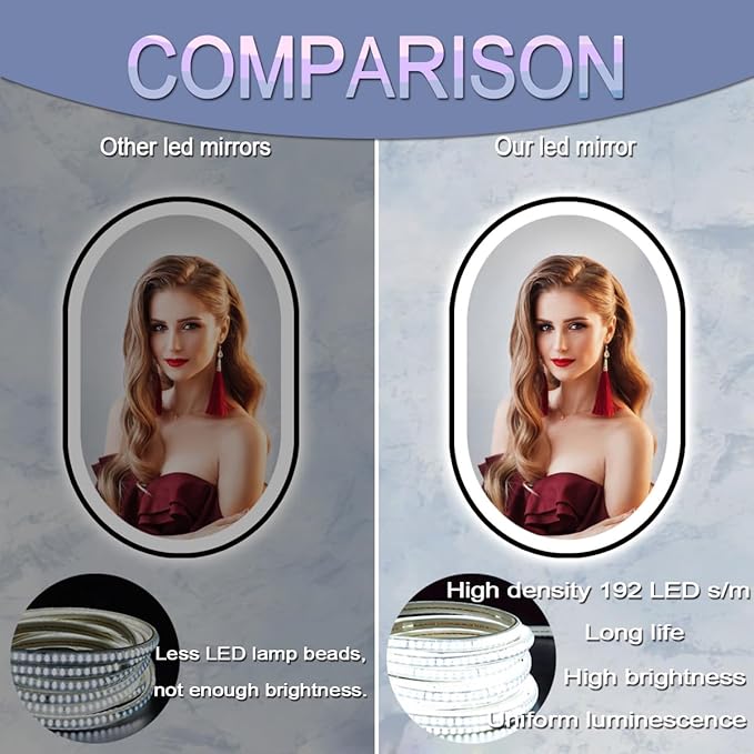 38 x 26 Inch Black Oval LED Mirror for Bathroom Salon Wall Horizontal/Vertical Mounted 38 Inch Black Frame Oval Lighted Mirror with Lights Smart Memory 3 Color Dimmable Front Lights Antifog