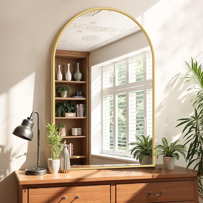 Sweetcrispy Arched Bathroom Mirror 38x26 Inch Gold Metal Framed Arch Vanity Mirror for Wall, Over Sink, Farmhouse, Restroom, Anti-Rust, Modern Decorative, Hanging or Leaning