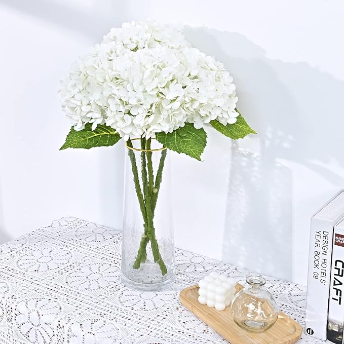 Waipfaru 21" Real Touch White Hydrangea Artificial Flowers with Long Stem & Leaves, Full Latex Faux Hydrangea Flowers for Home Party Decor Floral Arrangements Wedding Bouquets Centerpieces, 2Pcs