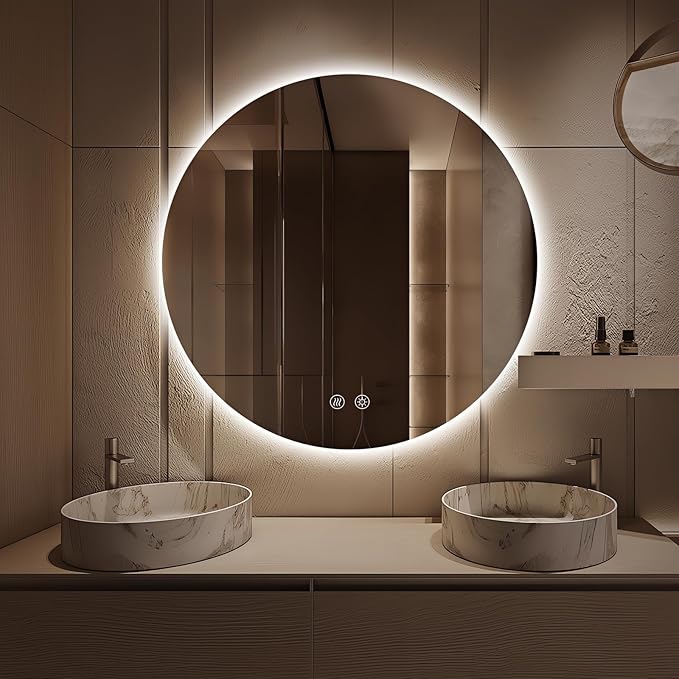Niccy Round Led Mirror for Bathroom, 36" Circle Frameless Backlit Mirror wiht Light, Anti-Fog, 3 Colors, Waterproof, Memory Function