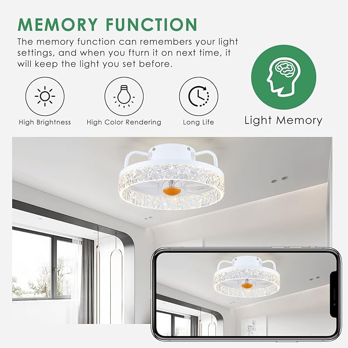 White Ceiling Fans with Lights and Remote - Low Profile Flush Mount Ceiling Fans - 13” Modern Bladeless Enclosed Ceiling Fans with Led Light and Stepless Dimming, White Small Ceiling Fan for Bedroom