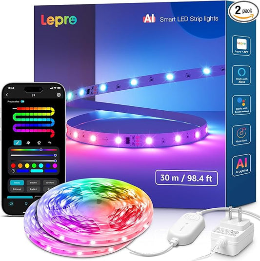 Lepro S1 AI LED Strip Lights for Bedroom - 100ft(2 Rolls of 50ft) Smart RGB Light Strips with IC and Rainbow Chasing Effects, Personalized Al Lighting Designer, No Remote, 2.4G Wi-Fi & Bluetooth