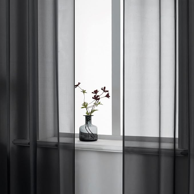 DUALIFE Black Sheer Curtains 84 Inches Length for Living Room Set of 2 Panels Grommet Window Drapes Semi Voile Modern Black Transparent Curtains for Bedroom 52x84 Inch Long