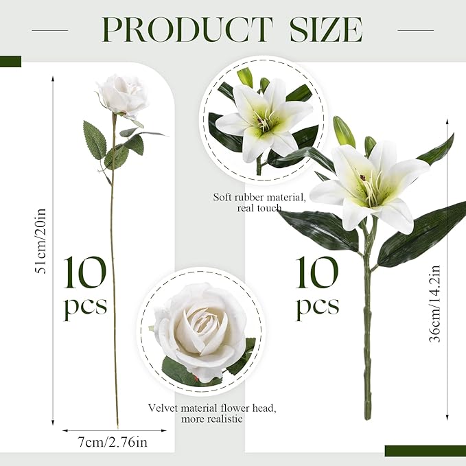Hotop 20 Pcs Artificial Flowers Velvet Realistic Roses and Latex Lilies Flowers Bouquet Decorations Arrangements for Home Table Centerpieces Independence Day(White, White)