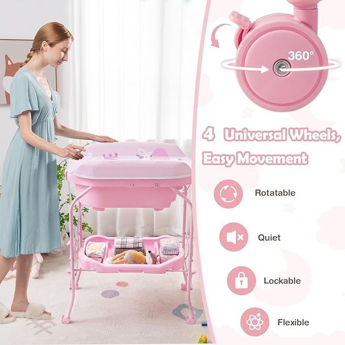 HONEY JOY Baby Changing Table with Bathtub, Foldable Infant Diaper Changing Station with Wheels, Storage Tray, Waterproof Pad, Portable Newborn Nursery Organizer Bath Stand for Boys Girls (Pink)