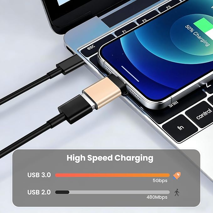 USB-C to USB-A Adapter (2-Pack), USB3.0 Data Transfer and Interface Conversion, Charging, OTG Support with Anti-Loss Cord - Gold