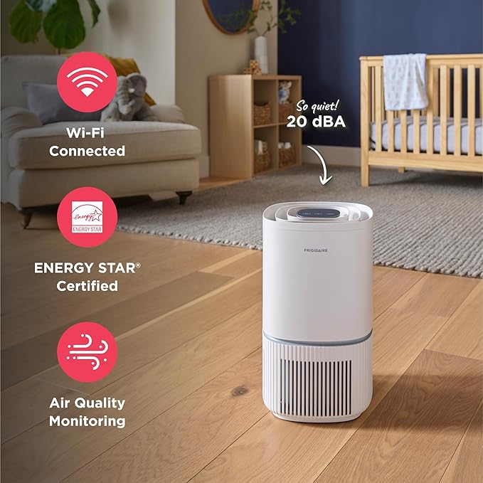 Frigidaire PureA300 HEPA Air Purifier with Wi-Fi for Small Bedrooms, Covers up to 850 Sq. Ft., 3-Stage Filtration, Energy Star Certification, Air Quality Monitoring, Smart Mode, Ultra Quiet, White