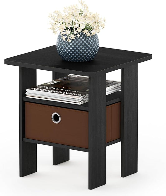 Furinno ANDREY Side Table, End Table, Night Stand with Open Shelves and Storage Bin, Bedside Table, for Living Room, Bedroom, Americano