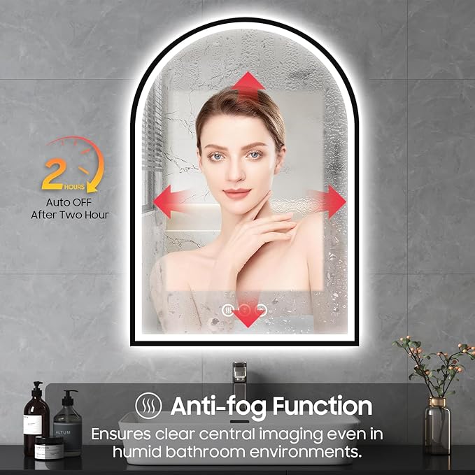 20x30 Inch Arch LED Bathroom Mirror, Black Lighted Bathroom Mirrors Wall Mounted, Vanity Mirror with Anti-Fog, Memory Function, 3 Color Temperature, Dimmable Led Mirror for Bathroom