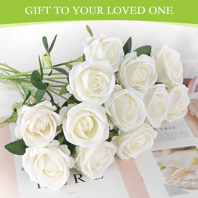 Hananona Artificial Roses in Bulk, Fake Velvet Silk Roses Realistic Rose for Wedding Centerpieces Flower Arrangement Home Decor (50, White)