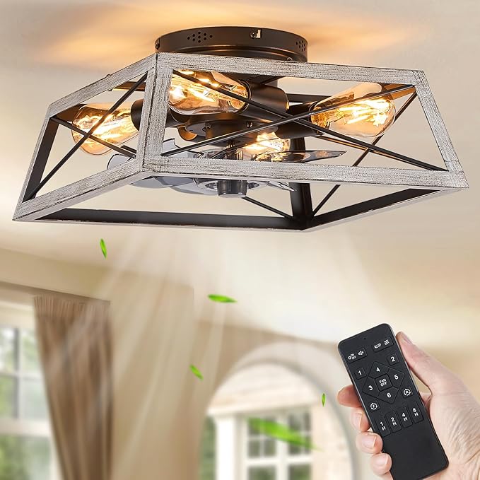 LEDIARY Ceiling Fans With Lights Remote Control, 22 Inch Farmhouse Caged Flush Mount Ceiling Fan Low Profile, Small Industrial Rustic Quiet Ceiling Fan With Remote For Bedroom, Kitchen, Indoor Home