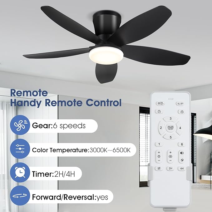 Ceiling Fans with Lights-36 Low Profile Ceiling Fan with Light and Remote/APP Control,Flush Mount,DC Reversible,LED Dimmable Blakc Ceiling Fans for Bedroom,Indoor/Outdoor Patio Use