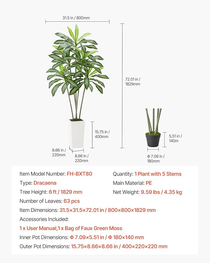 VEVOR Artificial Dracaena Tree 6 ft, Fake Palm Tropical Plants with White Tall Planter, Faux Floor Silk Plant in Pot, Large Trees for Home Office Living Room Decor House Warming, Indoor Outdoor
