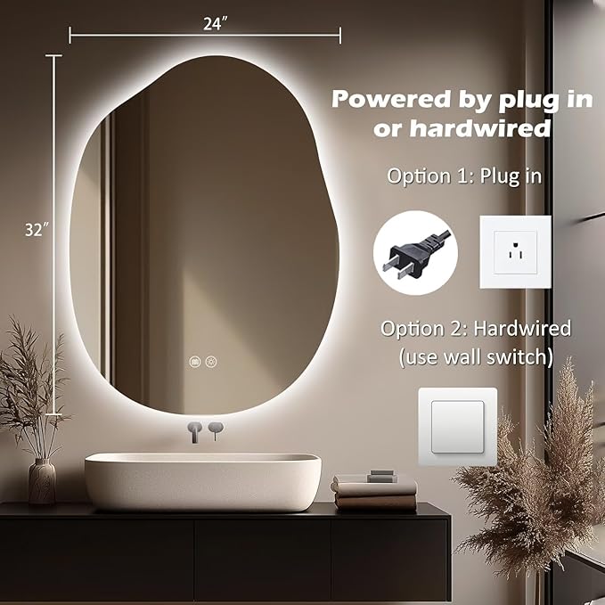 LED Bathroom Mirror with Lights 24x32, Stepless Dimmable Irregular Backlit Mirror with 3 Colors, Anti-Fog, Memory, Al-Alloy Lampshade, Frameless Smart Mirror for Bathroom (Horizontal/Vertical)