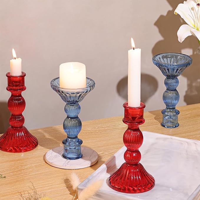 DARJEN 2 Pcs Red Taper Candle Holder - Vertical Stripe Glass Candle Holders for Taper and Votive Candles, Candlestick Holders for Various Activities, Home and Festival Decoration