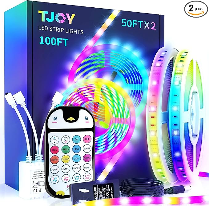 TJOY 100ft Kids LED Strip Lights with 20 Key Child Remote, Multi-Color RGB Rope Lighting, Color Changing LED Light Strip for Bedroom, Tape Lighting for Room Decor Aesthetic, TV, DIY(50ft*2)