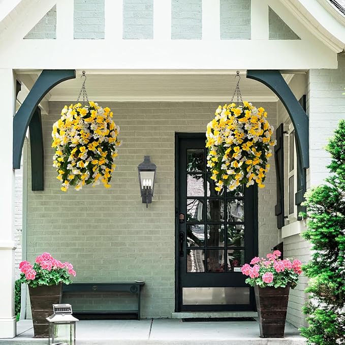 INQCMY Artificial Hanging Flowers Basket for Outdoor Outside Spring Decoration,Faux Silk Begonia in Planter Look Real UV Resistant for Porch Home Patio Garden Yard Decor