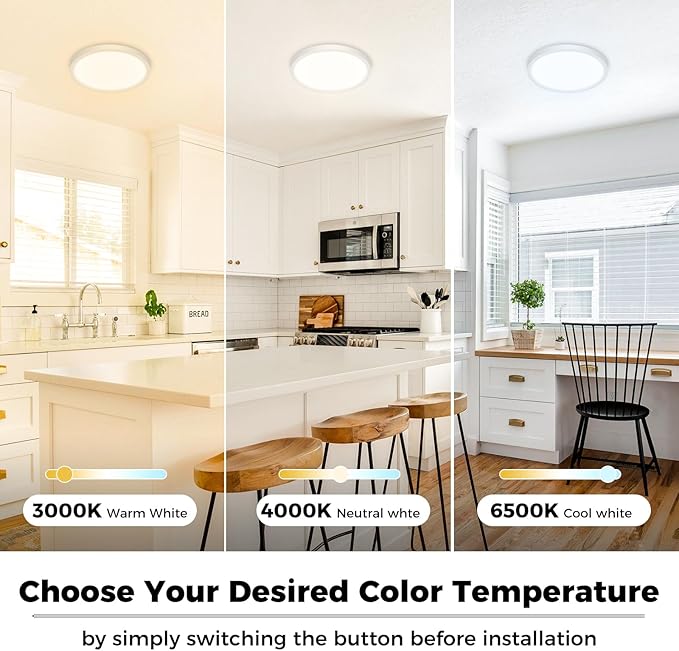 zemty LED Ceiling Light 6.5 Inch, 12W 1200lm Ceiling Mount Light Fixtures, Bright & Adjustable 3000K 4000K 6500K, Round Flat Lamp for Bathroom Closet Pantry Hallway, 2 Pack