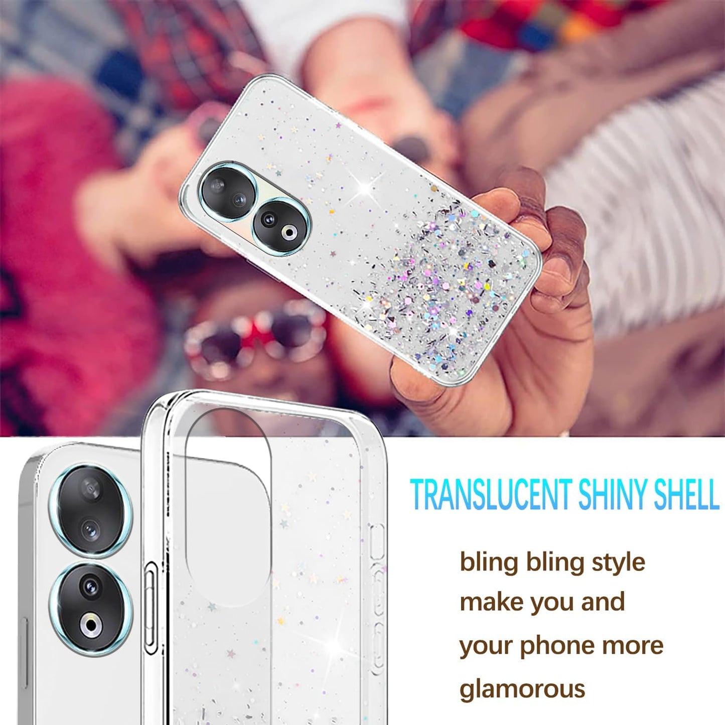 Honor 90 Case - Glitter Clear Pink, Soft TPU Silicone, Shockproof Protective Slim Cover for Women & Girls.
