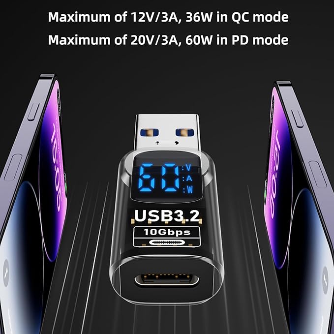 USB to Type C Adapter,Type C Revolution USB 3.2 Female LED Display,10Gbps A Female to C Male Compatible with iPhone 15 Pro Max Plus,iPad Air/Pro,MacBook,Support Power Intelligent Display（2Pack）