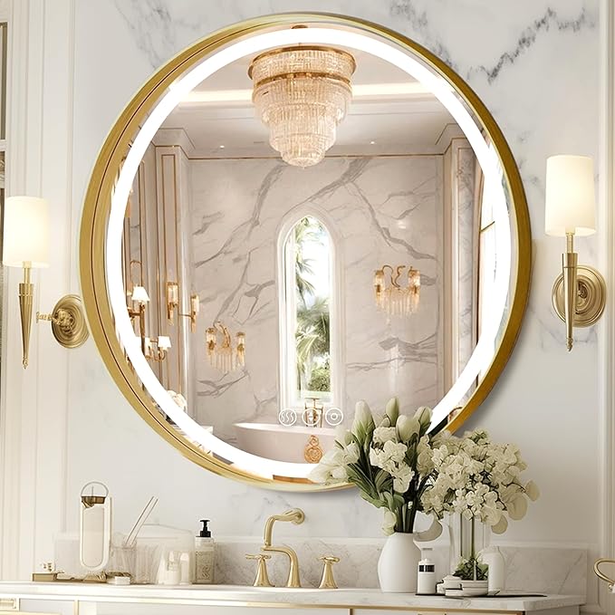 Gold Round Mirror 32 Inch, Metal Framed Frontlit Bathroom Mirror, Circle Mirrors for Wall, Led Light Mirror with Anti-Fog, Memory Function, 3 Color Temperature, Makeup Mirrors Dimmable
